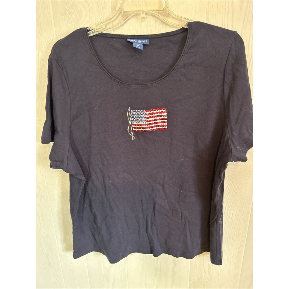 Karen Scott 3X Navy Blue Short Sleeve Top Sequin Flag